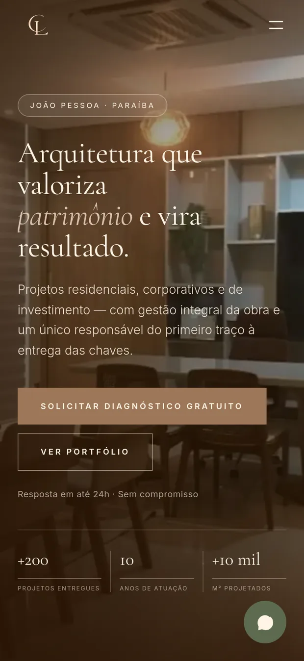 Versão mobile do site da Camila Luz Arquitetura & Interiores.