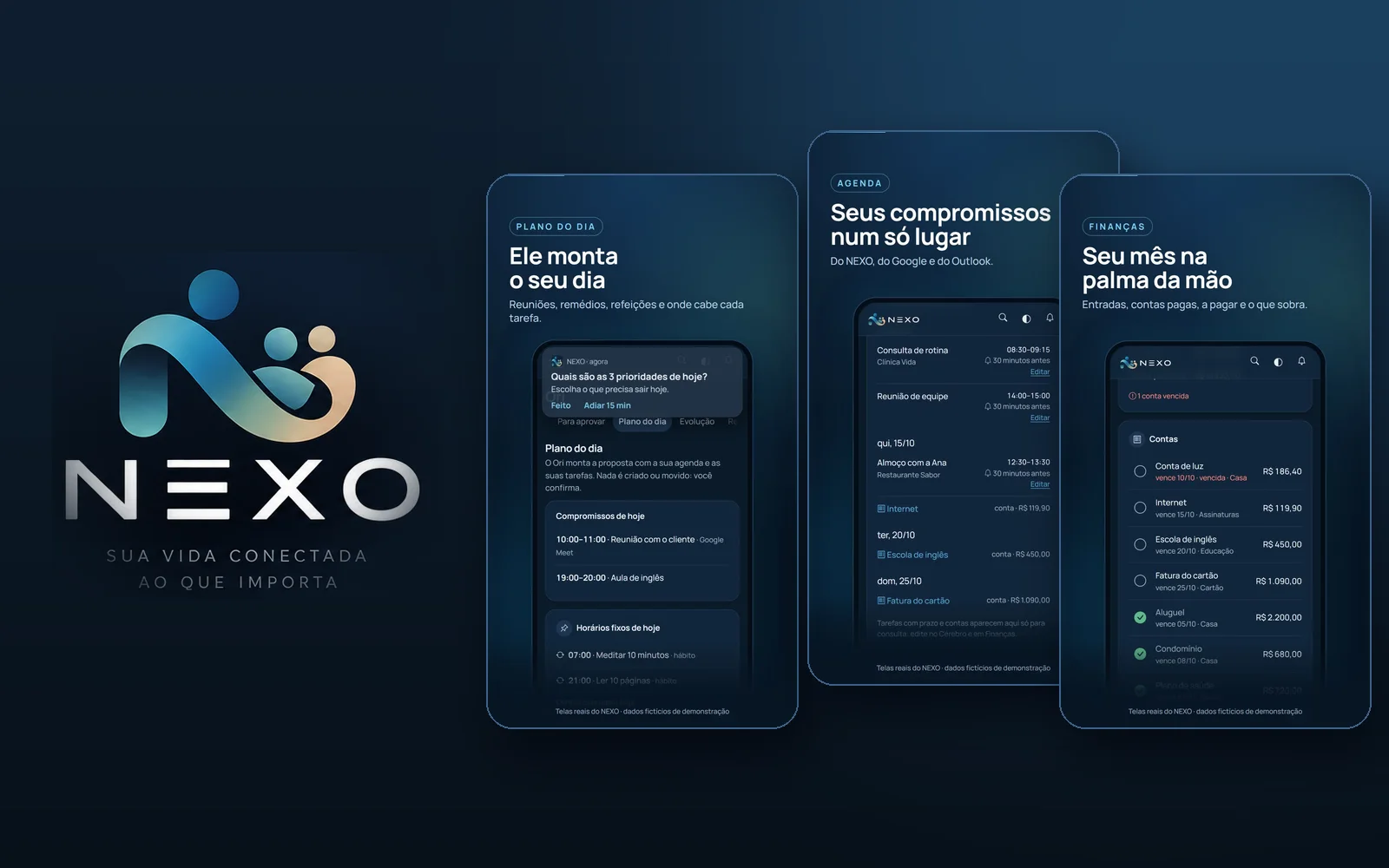 Marca NEXO ao lado de telas do aplicativo com plano do dia, agenda e finanças.