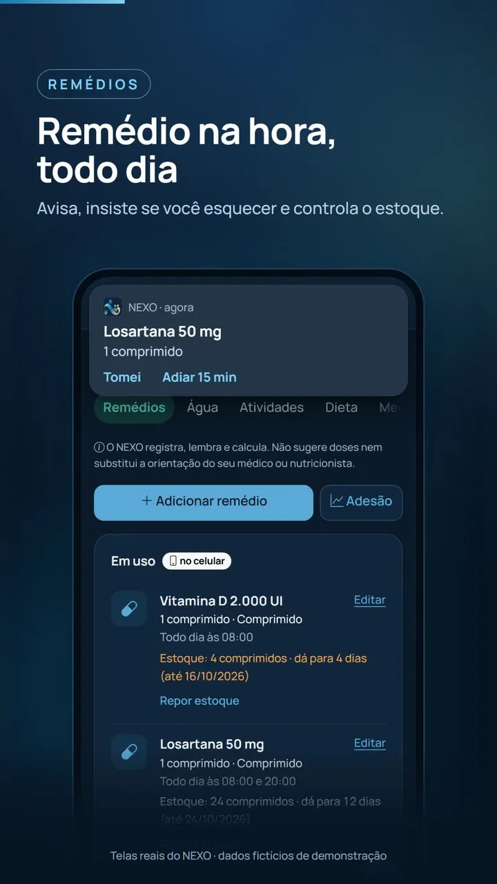 Controle de remédios com aviso e estoque.