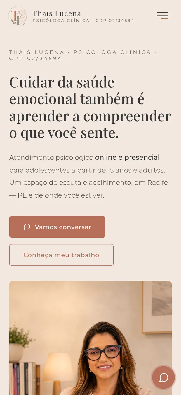 Versão mobile do site da Thaís Lucena Psicologia.